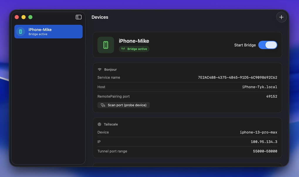 Nuticast main window showing a paired iPhone with an active mesh VPN bridge